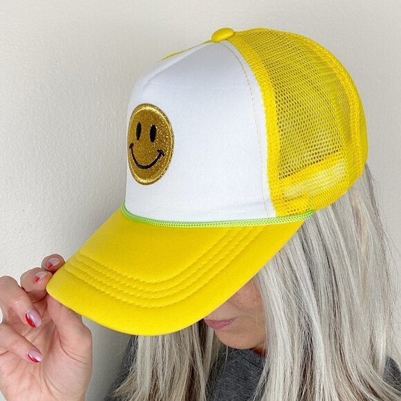 Yellow White Smiley Face Retro Trucker Snapback Hat Cap - Picture 2 of 15